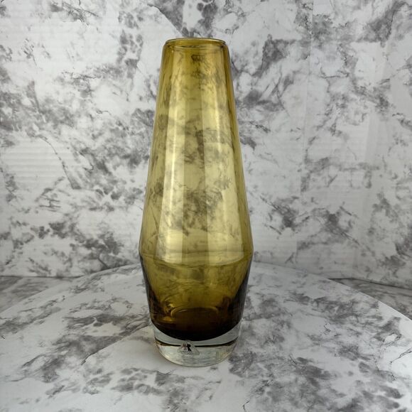 Vintage MCM Riihimaki Lasi Oy Vase Finland Amber 10 in Art Glass Original Label - Picture 3 of 7
